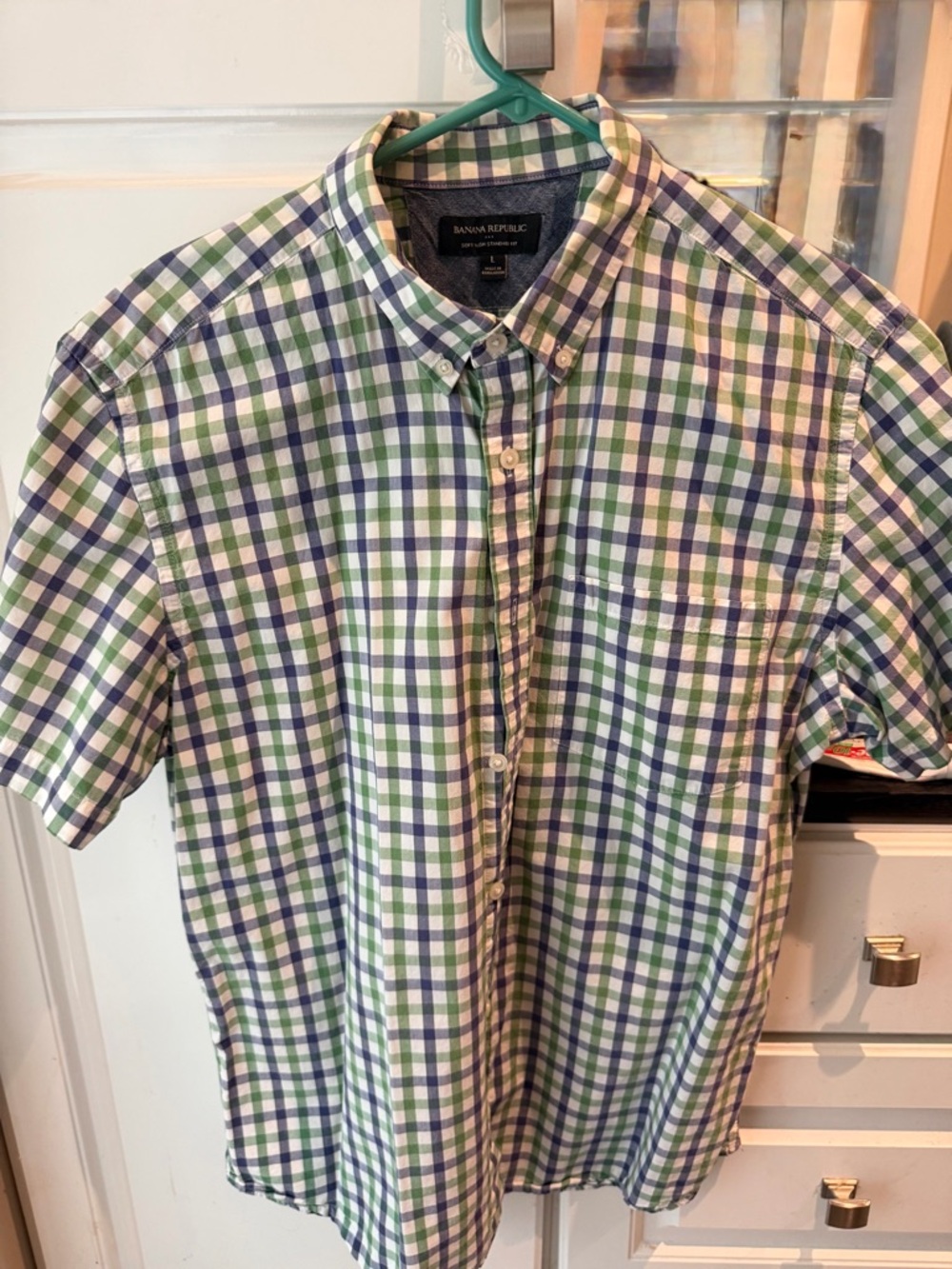 Banana Republic Green Blue White Plaid Short-Sleeve Button-Down Shirt